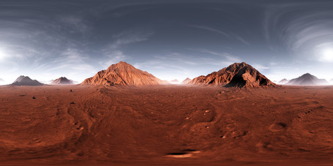 Fototapeta premium 360 HDRI panorama słońca Marsa. Krajobraz marsjański, mapa środowiska. Rzut równomierny, panorama sferyczna. 3d ilustracja
