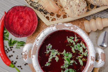 Ukrainian borsch,Ukrainian soup,Barsch soup Polish festive with ears,soup beetroot soup