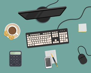 Top view of a desk background. There is a monitor, keyboard, mouse, smartphone, calculator and other stationery on a blue background. Also there is a cup of coffee with cookies here. Vector image
