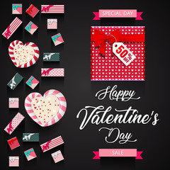 Valentines Day Sale banner with gift boxes and paper cut plane calligraphy "sale", isolated on percentage background. Valentines Day special offer.