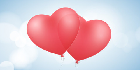 Fototapeta na wymiar Card for Valentines day. Flying red balloons of the heart. Romantic composition. Love brochure. Glare bokeh. Vector