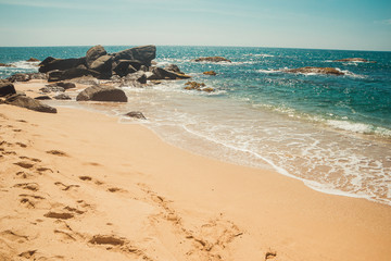 Ocean Coast with stones and sparkling water surface. Tropical vacation, holiday background. Deserted footprints beach. Paradise idyllic landscape. Travel concept. Sri Lanka eco tourism. Copy space