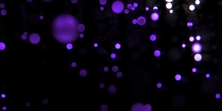 purple violett glamour light bokeh particles motion falling in black night, can be used as background loop