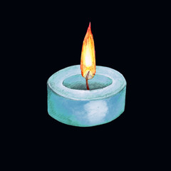 Watercolor illustration of a lighted candle.
