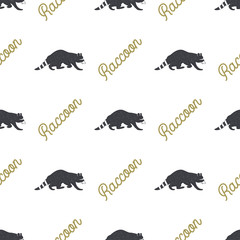 Raccoon seamless with typography sign. Wild animal wallpaper. Stock vector pattern isolated on white background. Retro colors. Vintage hand drawn design