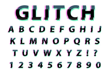 Glitch typography noise font. Lettering typeface distorted style. Trendy alphabet interference Latin letters from A to Z. Isolated on white background. Vector illustration