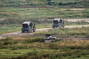 Multiple rocket launcher and disquised tank in combat position