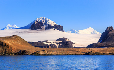 Coastline covered with lots of small gentoo penguins and snow mountains peaks, Barrientos island,...