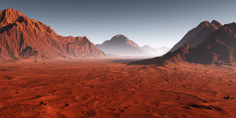Fototapeta premium Zachód słońca na Marsie, zakurzony krajobraz marsjański. Ilustracja 3D