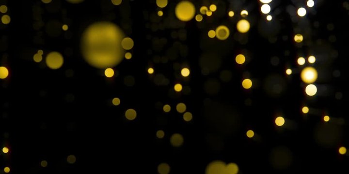 Golden, gold glamour light bokeh particles motion falling in black night, can be used as background loop