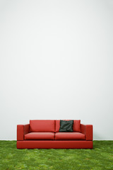 Sofa vor Wand im Raum mit Wiese als Teppich