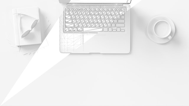 Weißer Laptop Computer mit Tastatur und CAD Drahtgitter