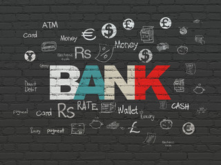 Banking concept: Painted multicolor text Bank on Black Brick wall background with  Hand Drawn Finance Icons