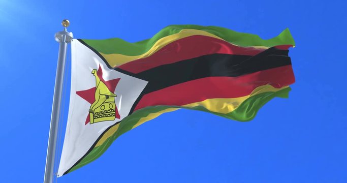 Flag of Zimbabwe waving at wind in slow with blue sky, loop