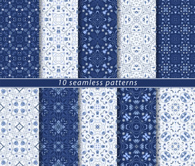 Ten arabic seamless blue patterns. A set of rectangular ornament in Oriental style. Suitable for wrapping paper, print, fabric or scrapbooking.