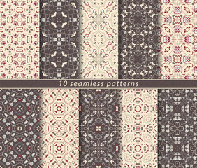 Ten seamless patterns in Oriental style. Eastern ornaments for design fabric, wrapping paper or scrapbooking. Vector illustration in brown colors, arabic motif.