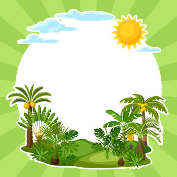 Background with tropical palm trees. Exotic tropical plants Illustration of jungle nature