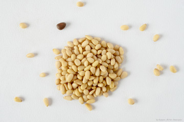 shelled pine nuts lined hill, white background