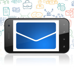 Finance concept: Smartphone with  blue Email icon on display,  Hand Drawn Business Icons background, 3D rendering