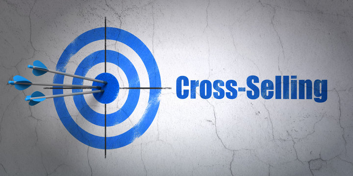 Success business concept: arrows hitting the center of target, Blue Cross-Selling on wall background, 3D rendering
