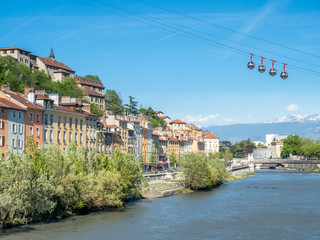Grenoble-Bastille cable car, four bubbles on sling, transport to hill and fortress of Bastille...