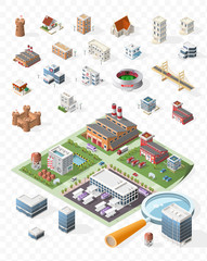 Set of Isolated High Quality Isometric City Elements . Buildings with Shadows on Transparent Background