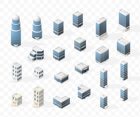 Collection of Realistic Isometric High Quality City Element for Map on Transparent Background . Buildings
