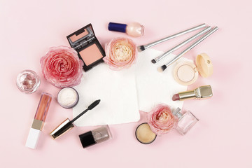 Cosmetics on pink background