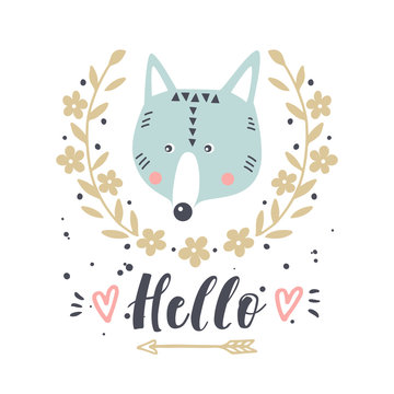 Vector card with cute wolf. Illustration for children's prints, greetings, posters, t-shirt, packaging, invites. Cute animal. Postcard with hello text.