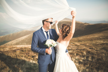 Wedding couple posing on sunset at wedding day. Bride and groom in love