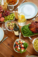 various food on served wooden table