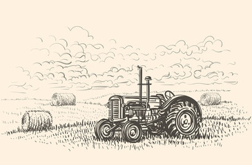Retro tractor in field hand drawn illustration. Vector.