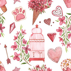 Seamless patterns with bird. Pink Watercolor set of elements for Valentine's day. Scrapbook design elements. Typography poster, card, label, banner design set.