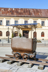 WIELICZKA, POLAND - MARCH 27, 2017: Ancient salt mine trolley, street exhibition