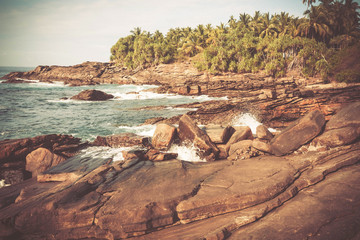 Exotic paradise landscape with rocky seaside. Ocean with cold water waves and tropical trees on green hill