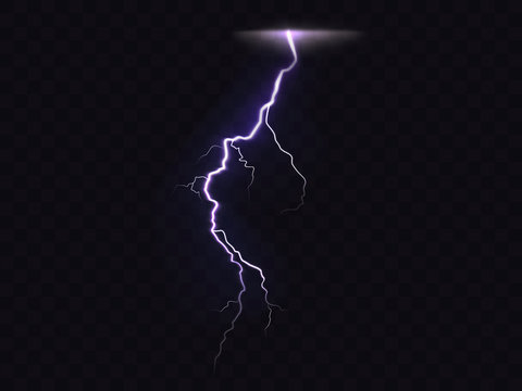Vector illustration of 3d realistic lightning or thunderbolt isolated on dark translucent background. Bright flash of light, electrical discharge during thunderstorm, a natural phenomenon