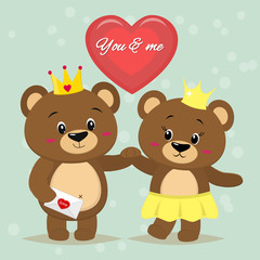 Obraz na płótnie Canvas Two beautiful brown bears with crowns on their heads stand with their hands, a red heart in a cartoon style.