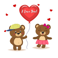Two cute brown bears stand, the boy is holding a red ball, girl panda in a pink skirt and with a bow, in cartoon style.