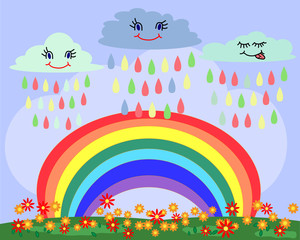 Landscape, greeting card with smiling clouds, colorful rain, seven-colored rainbow, flower field, sky. Spring Summer