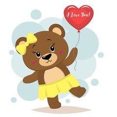 Brown Bear with a yellow bow holds a red ball in the paws, in the style of cartoons.