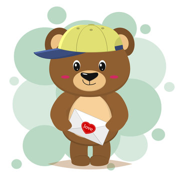 The brown bear in the baseball cap stands and holds a letter with a heart in its paws, in the style of cartoons.