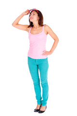 Fototapeta premium Full length portrait of happy and smile brunette woman with short hairstyle with red sunglasses dressed in t-shirt and jeans, isolated on white background. Positive human emotion, facial expression