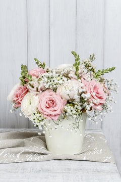 Bouquet of roses, matthiolas and ranunculus flowers