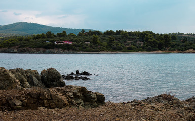 Sea view from beach with sunny sky.Summer rest on the beach of Greece.