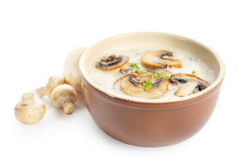Bowl with mushroom soup, isolated on white