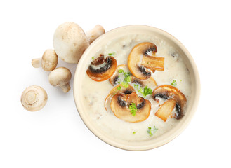 Bowl with mushroom soup, isolated on white