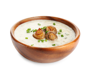 Bowl with mushroom soup, isolated on white