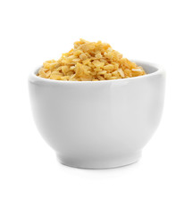 Bowl with granulated dried garlic on white background