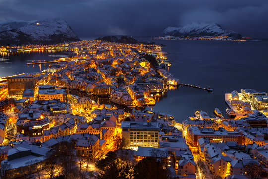 Panoramic view of the town of Alesund at sunset from Aksla hill.