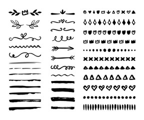 Hand drawn borders, brackets, swirls, dividers set. Vector ink brush elements with heart, arrow, crown, stroke.